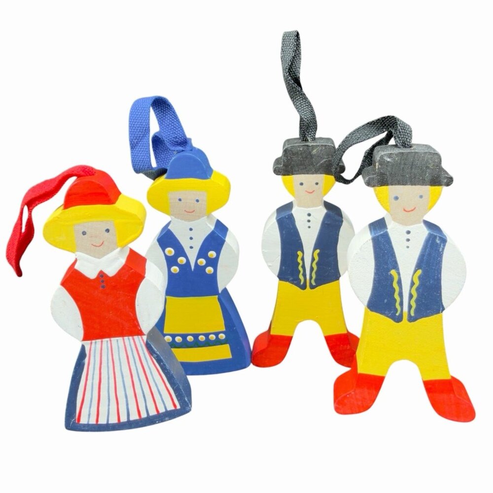 Hand Painted Swedish Wooden Folk Art Girl Boy Wood Figurine Ornaments Set 4 VTG